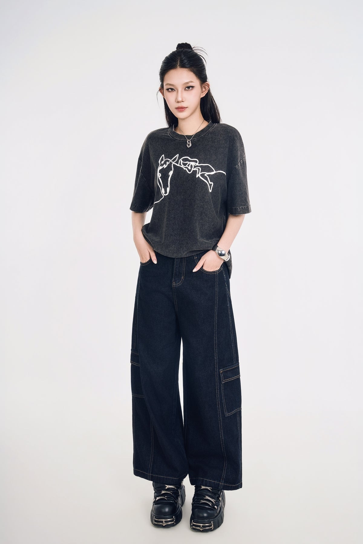 Áo Thun Denim Nữ Dáng Suông Họa Tiết Ngựa
