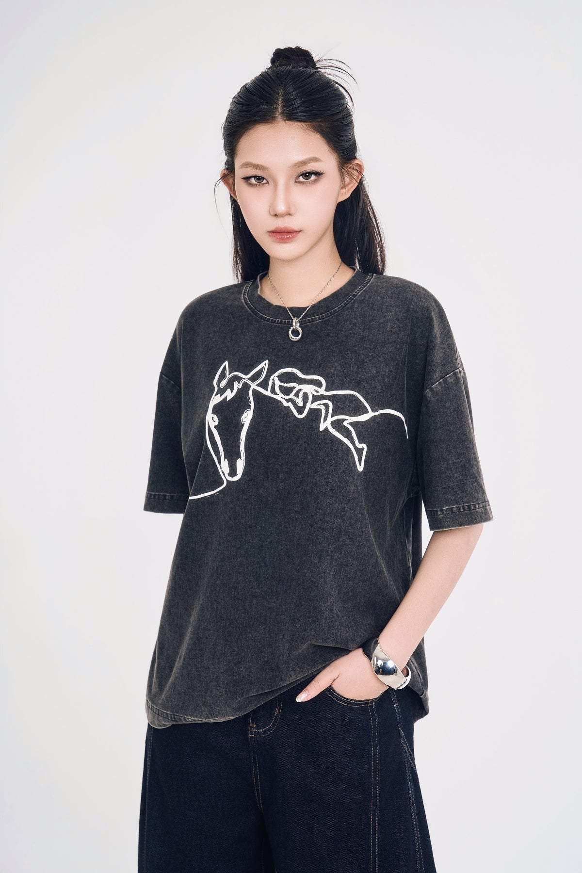 Áo Thun Denim Nữ Dáng Suông Họa Tiết Ngựa