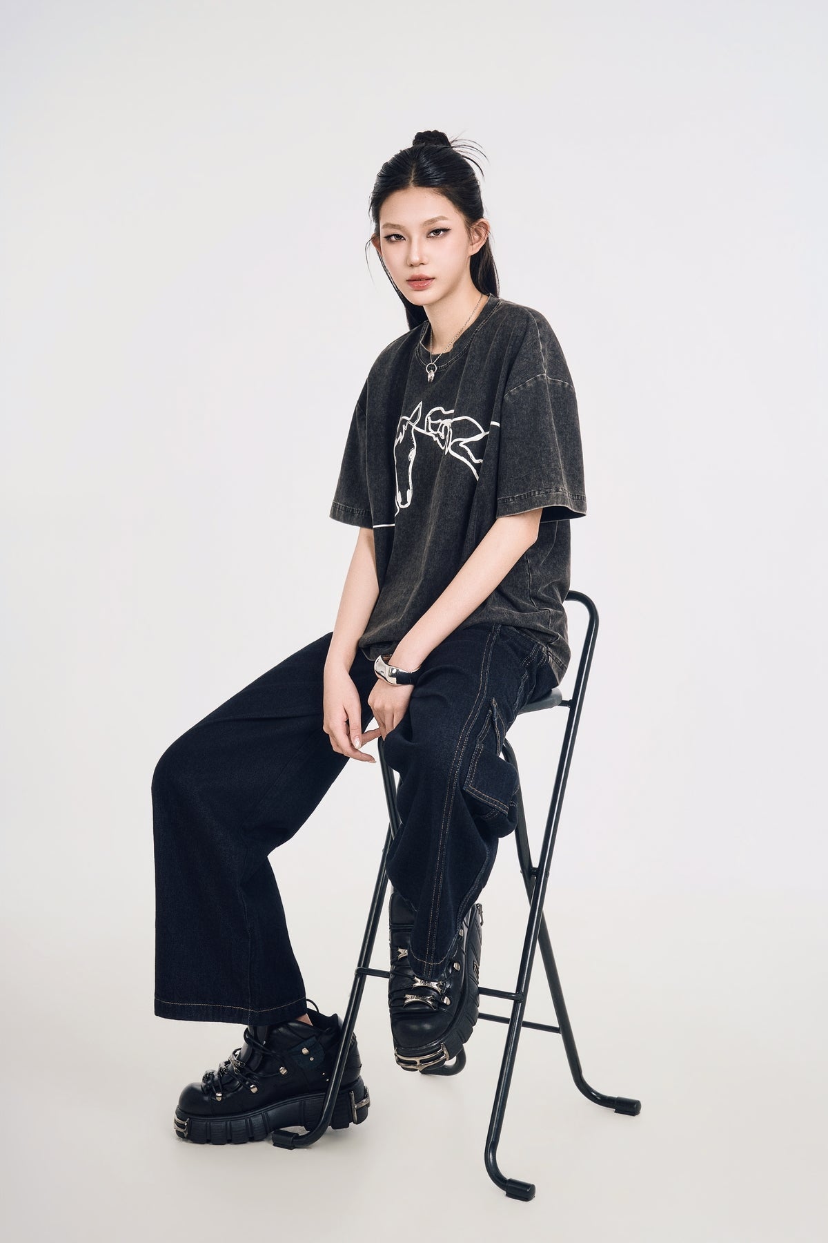 Áo Thun Denim Nữ Dáng Suông Họa Tiết Ngựa