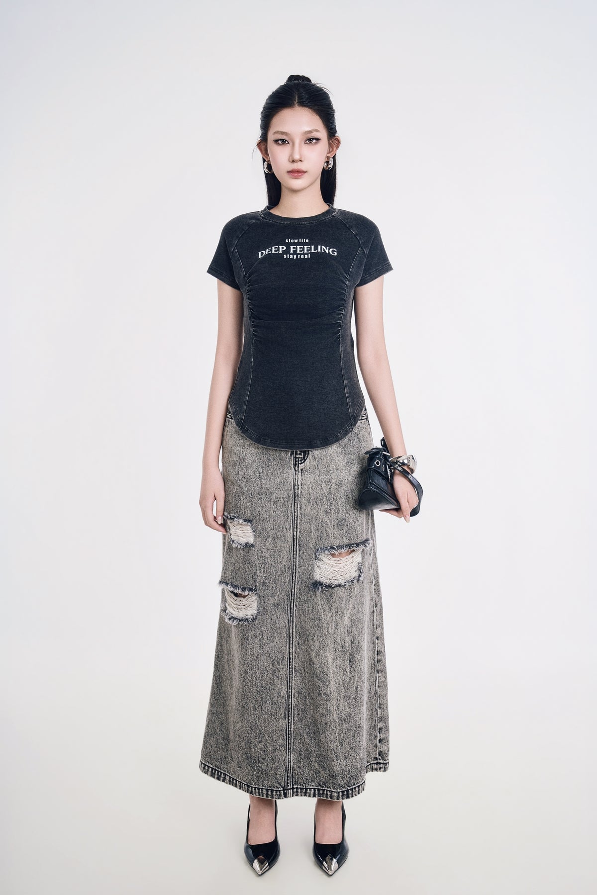 Chân Váy Denim Nữ Dáng Chữ A Cắt Rã