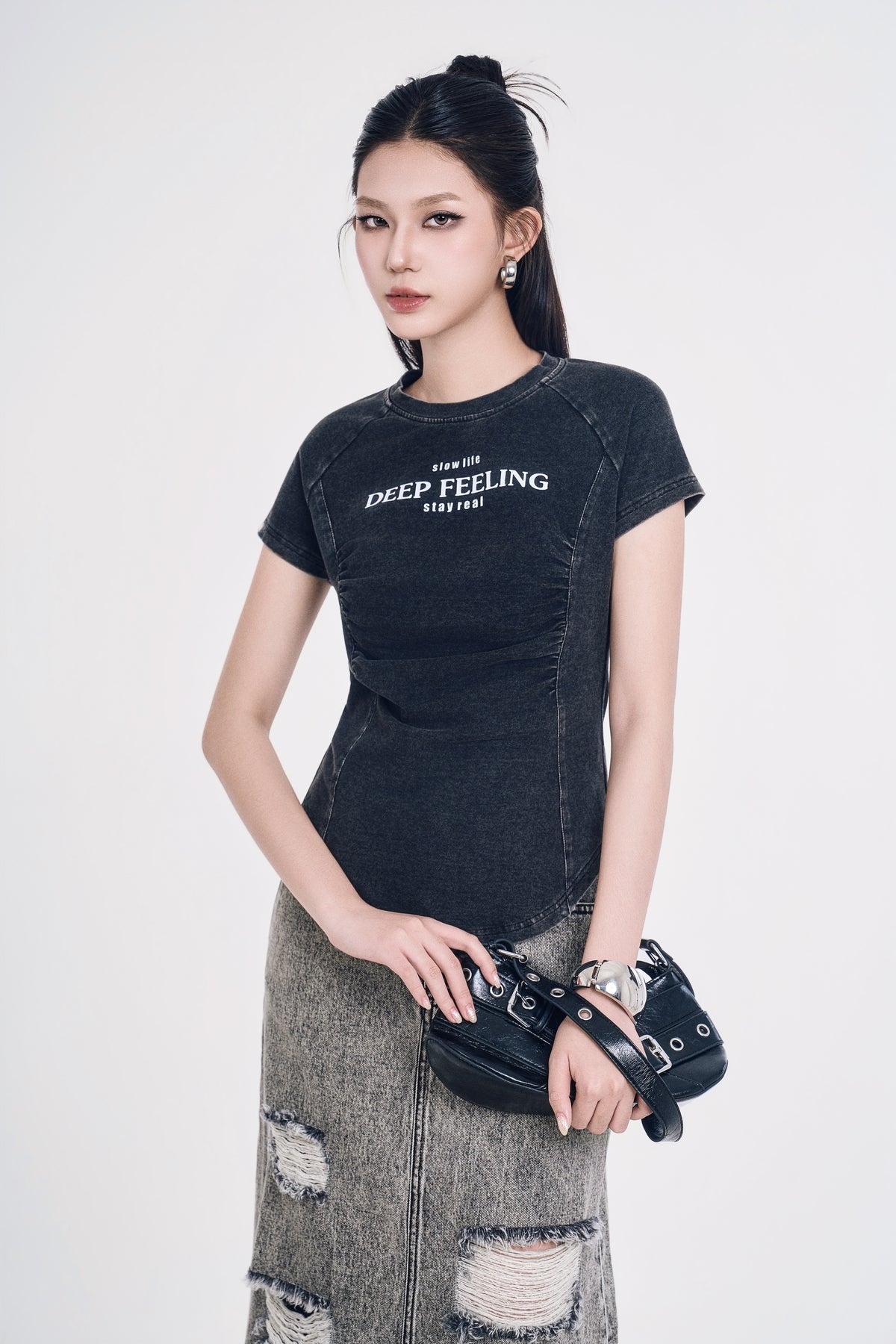 Áo Thun Denim Nữ Dáng Ôm Nhún Eo Giặt Loang