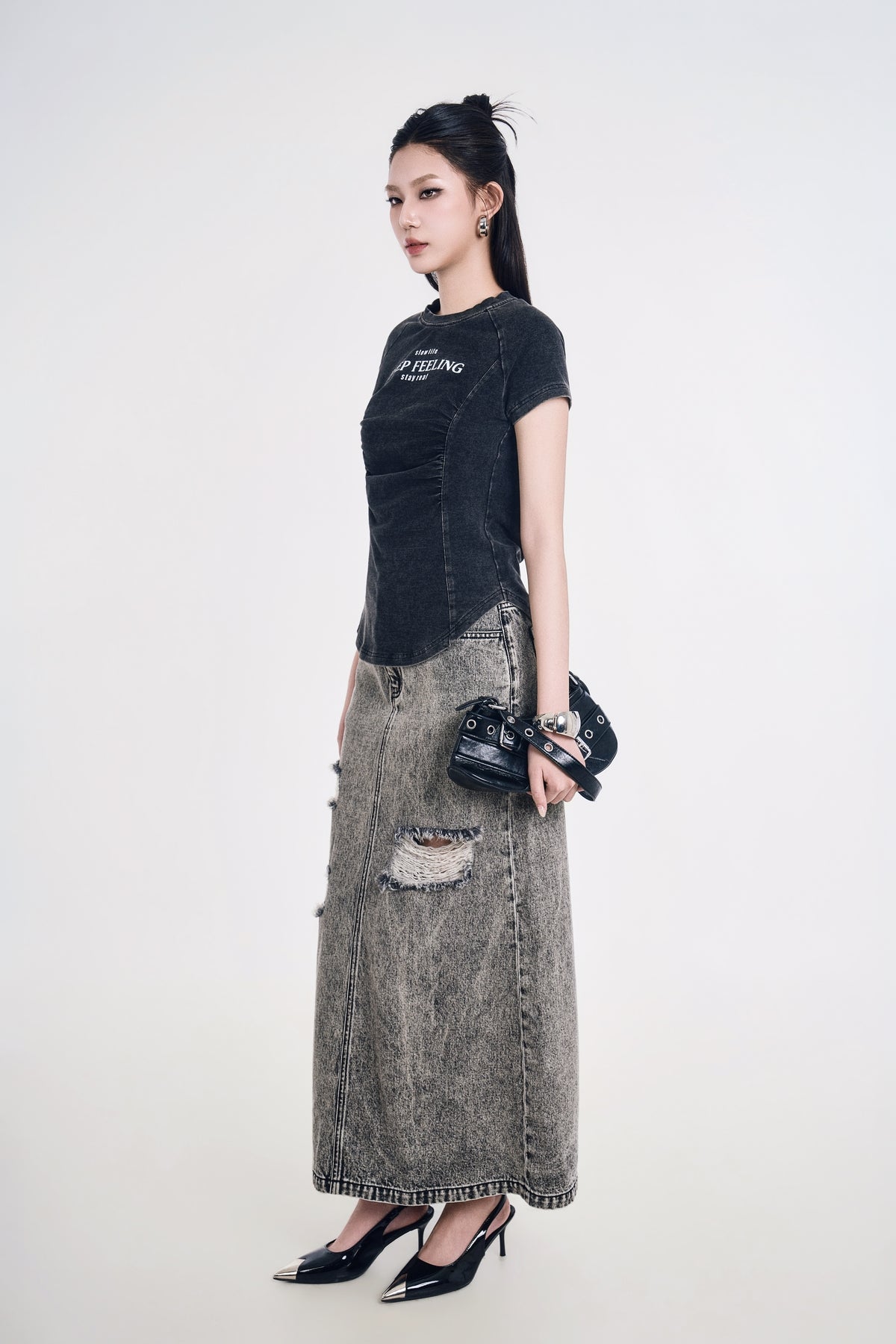 Chân Váy Denim Nữ Dáng Chữ A Cắt Rã