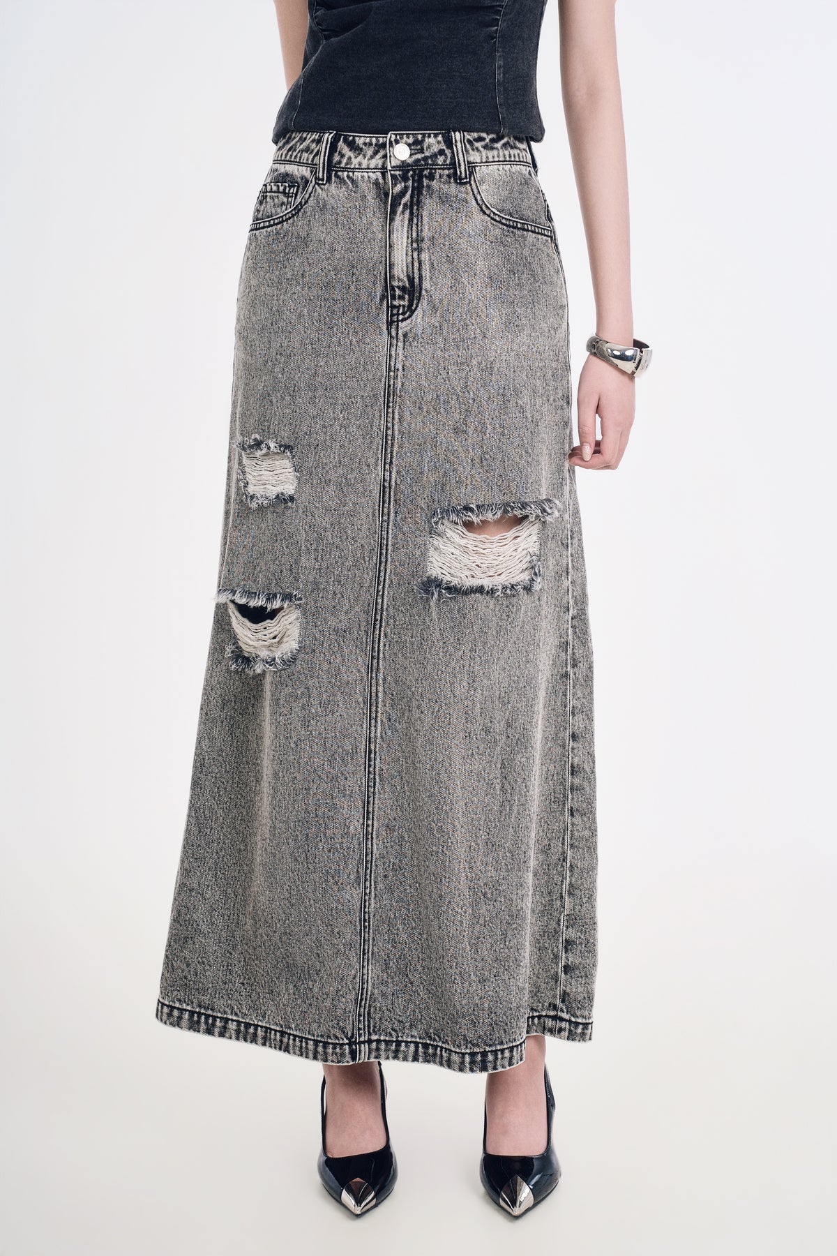 Chân Váy Denim Nữ Dáng Chữ A Cắt Rã