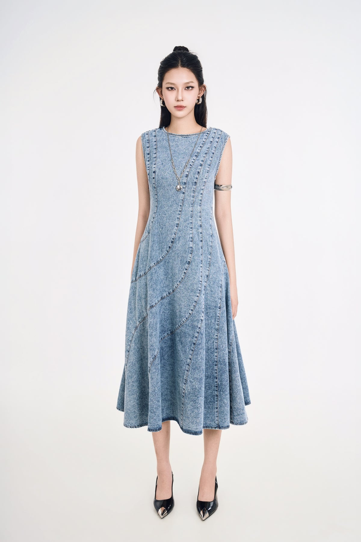 Đầm Denim Nữ Dáng Chữ A Cắt Rã Phối Mảng