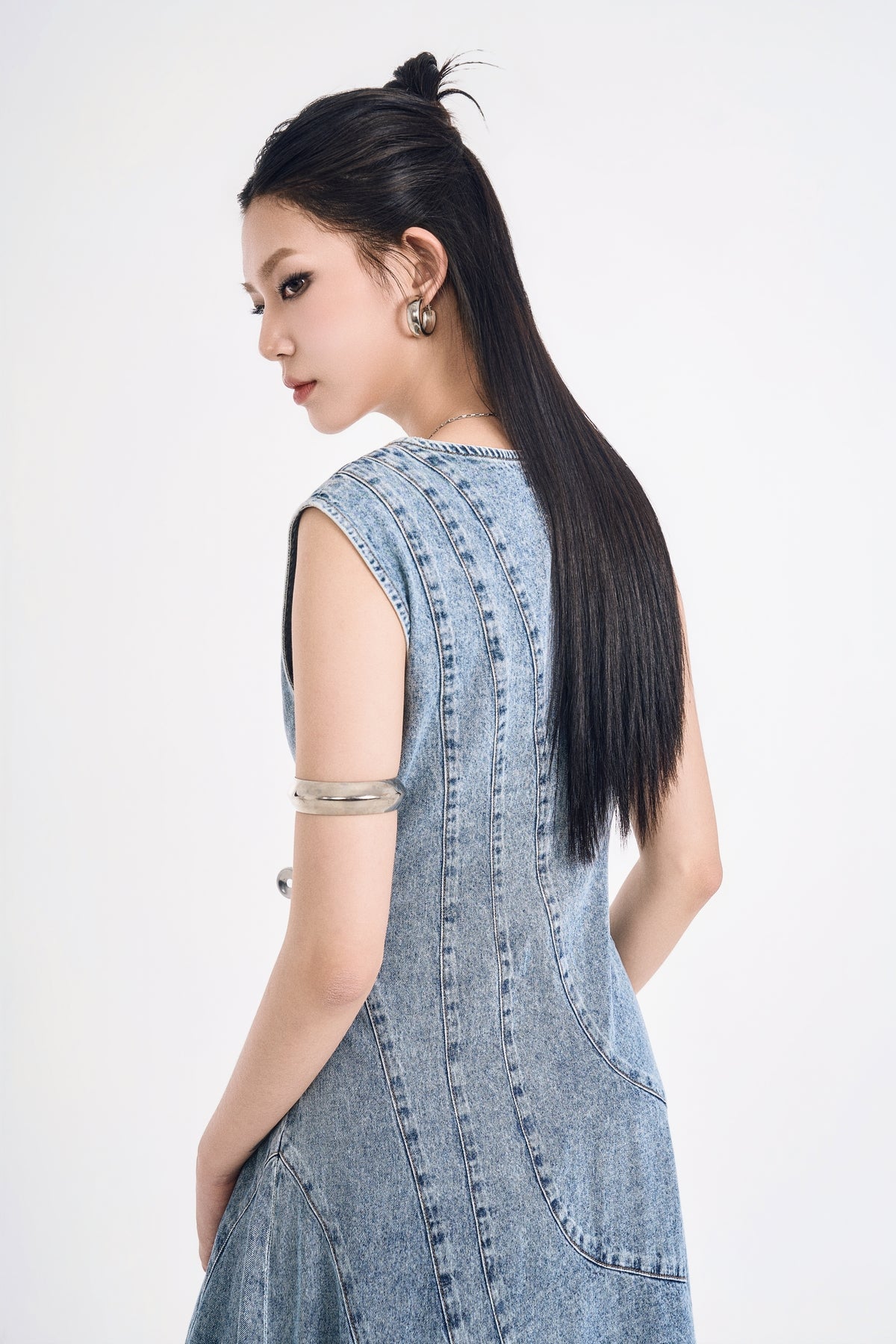 Đầm Denim Nữ Dáng Chữ A Cắt Rã Phối Mảng