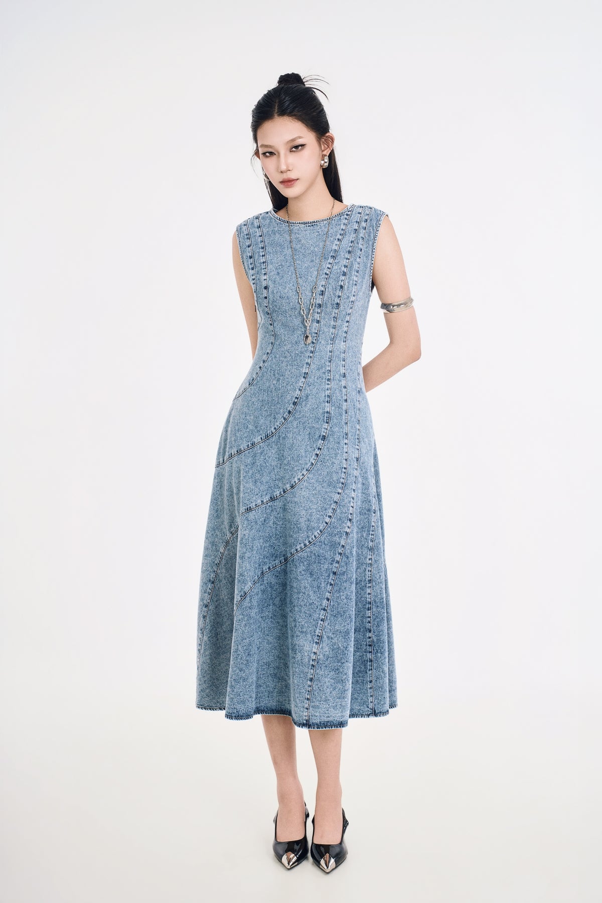 Đầm Denim Nữ Dáng Chữ A Cắt Rã Phối Mảng