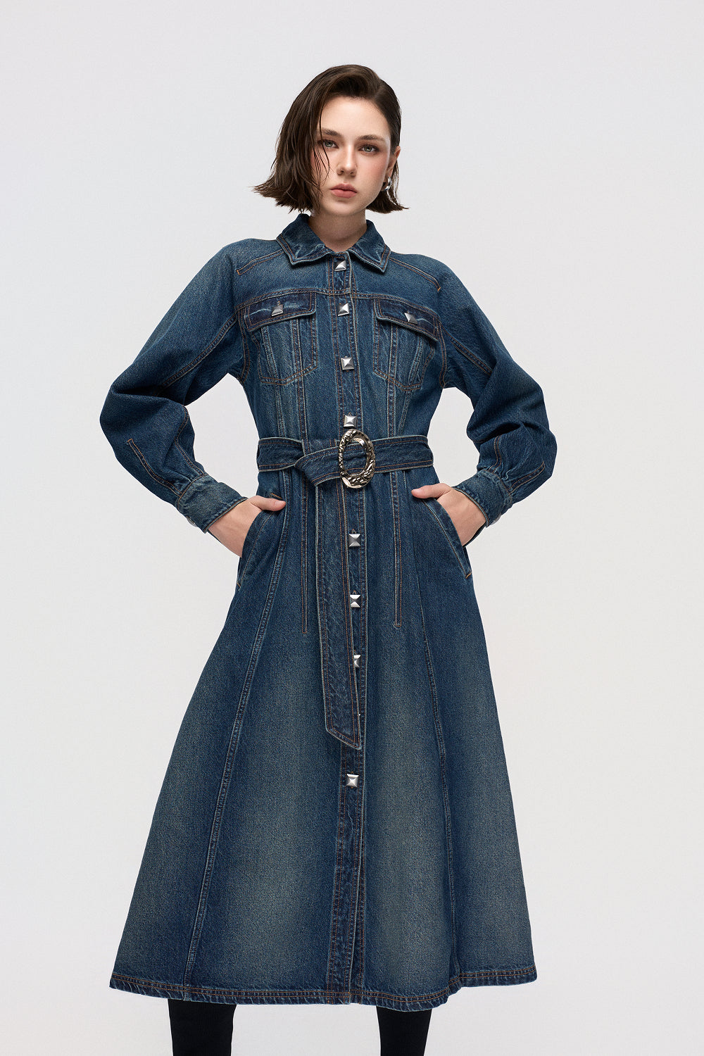Đầm Denim Nữ Dáng Sơ Mi Tay Raglan Chân Váy Xếp Ly