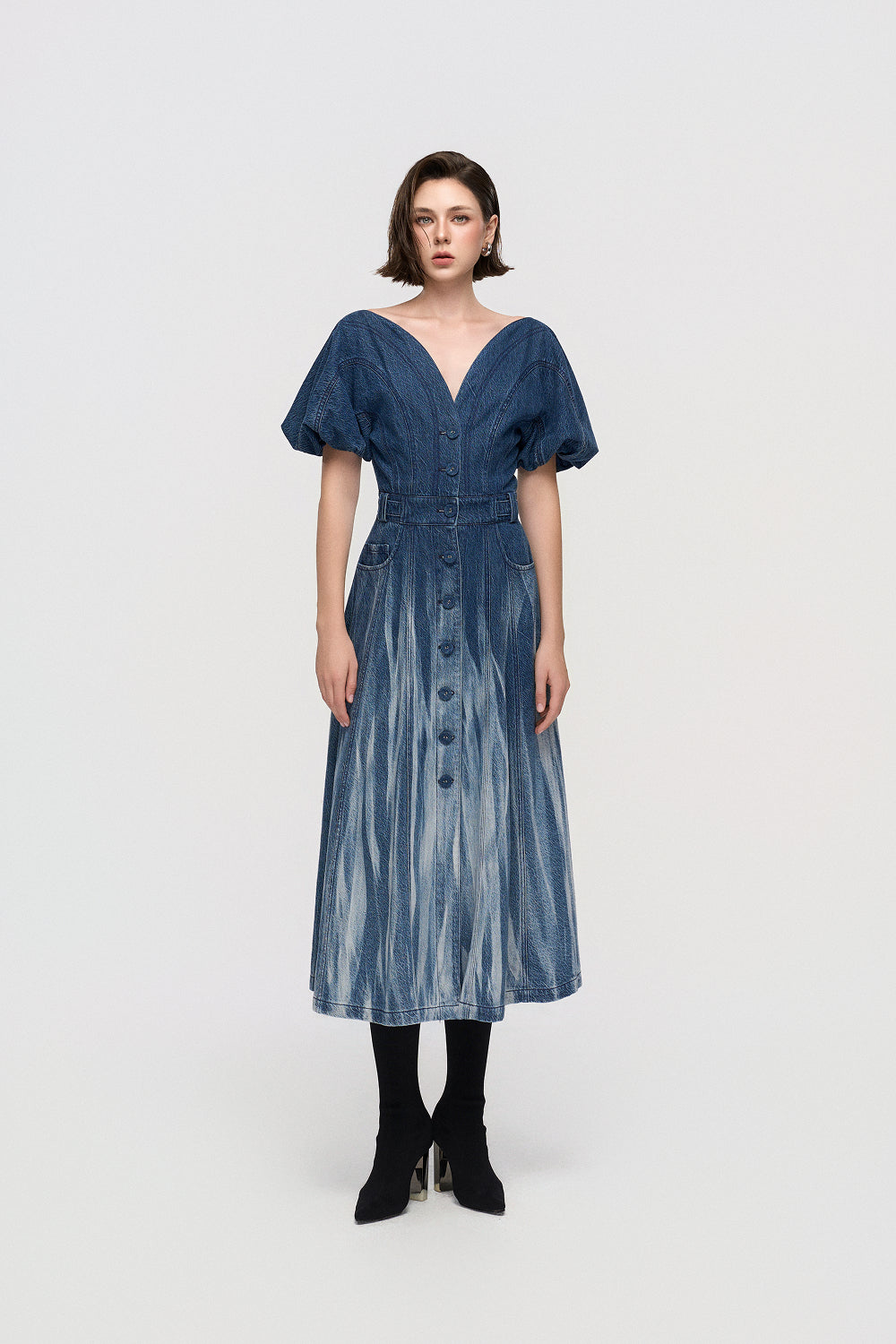 Đầm Denim Nữ Dáng Chữ A Tay Bồng Hiệu Ứng Giặt Dọc