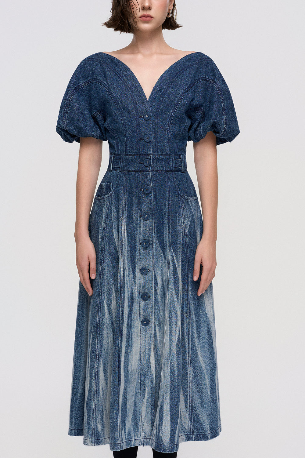Đầm Denim Nữ Dáng Chữ A Tay Bồng Hiệu Ứng Giặt Dọc