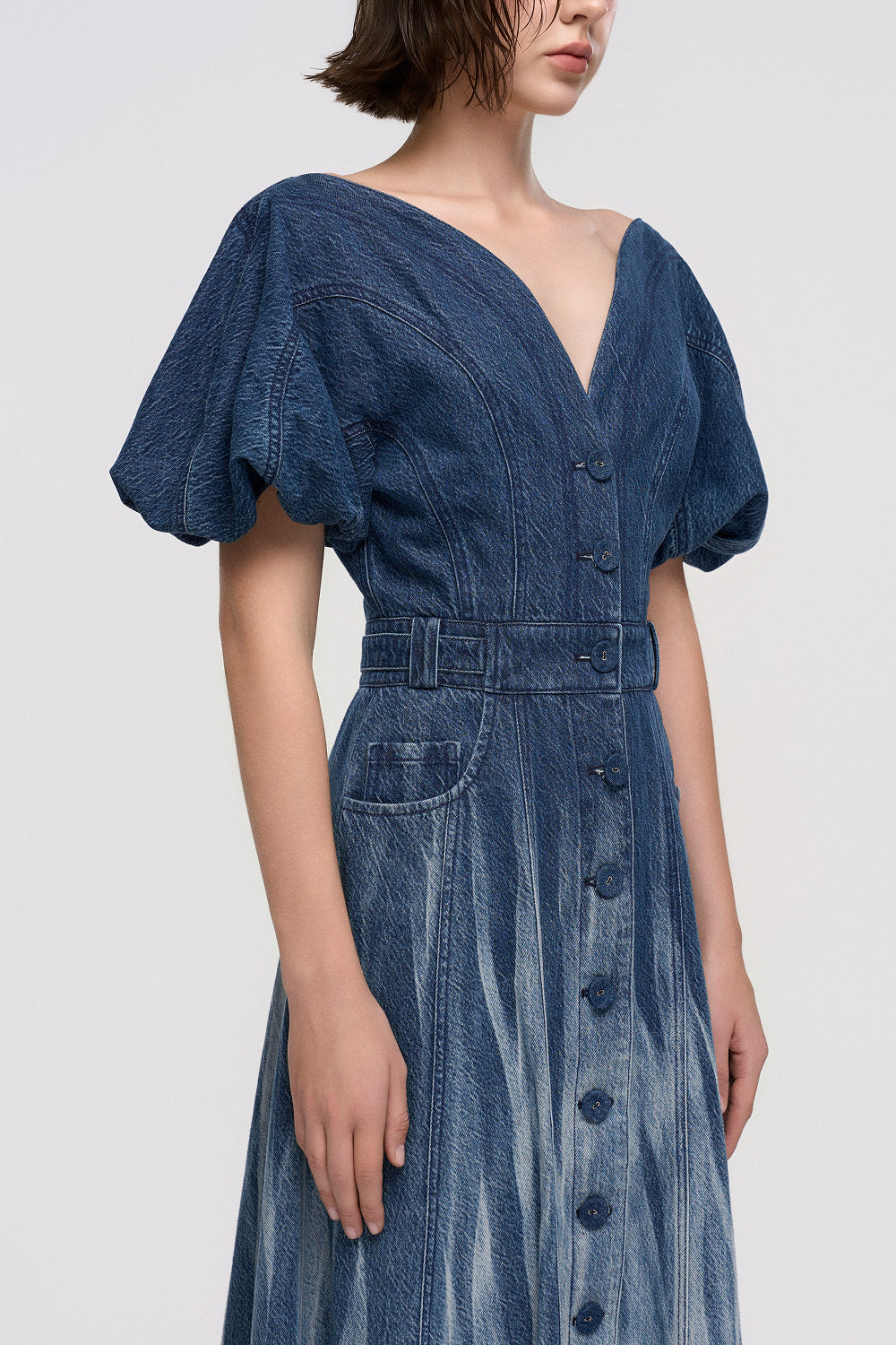 Đầm Denim Nữ Dáng Chữ A Tay Bồng Hiệu Ứng Giặt Dọc