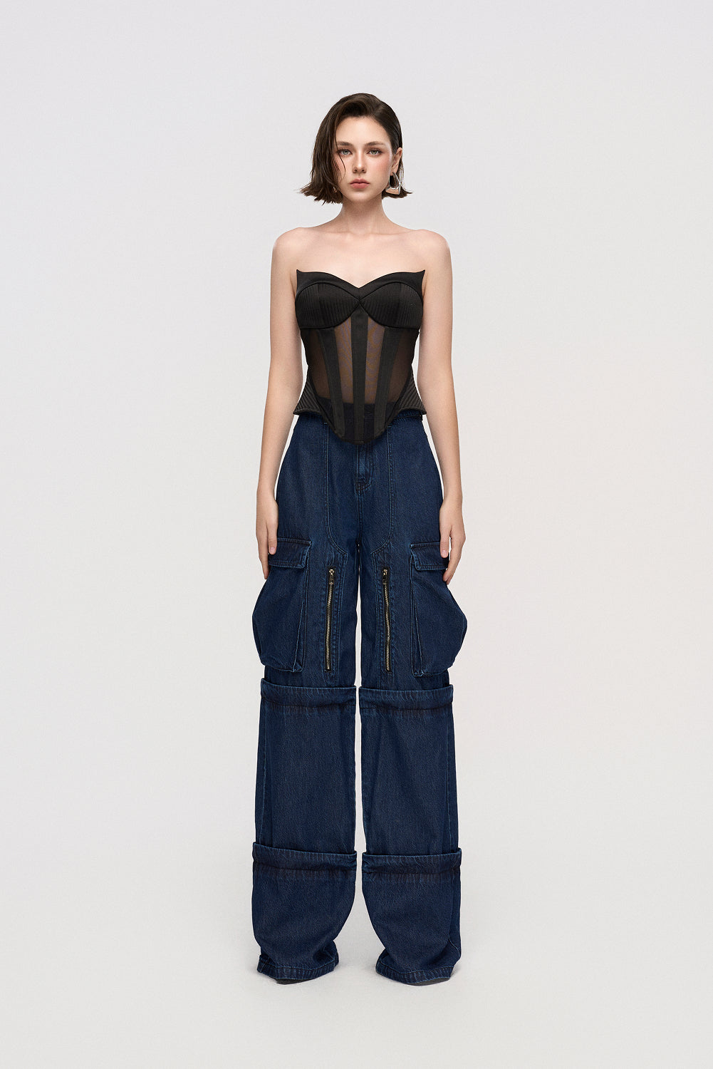 Quần Jeans Nữ Ống Rộng Túi Hộp Khóa Kéo Giặt Enzyme