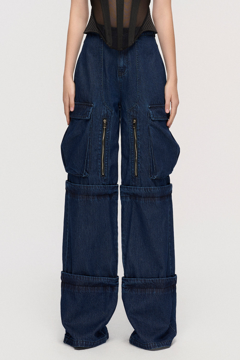 Quần Jeans Nữ Ống Rộng Túi Hộp Khóa Kéo Giặt Enzyme