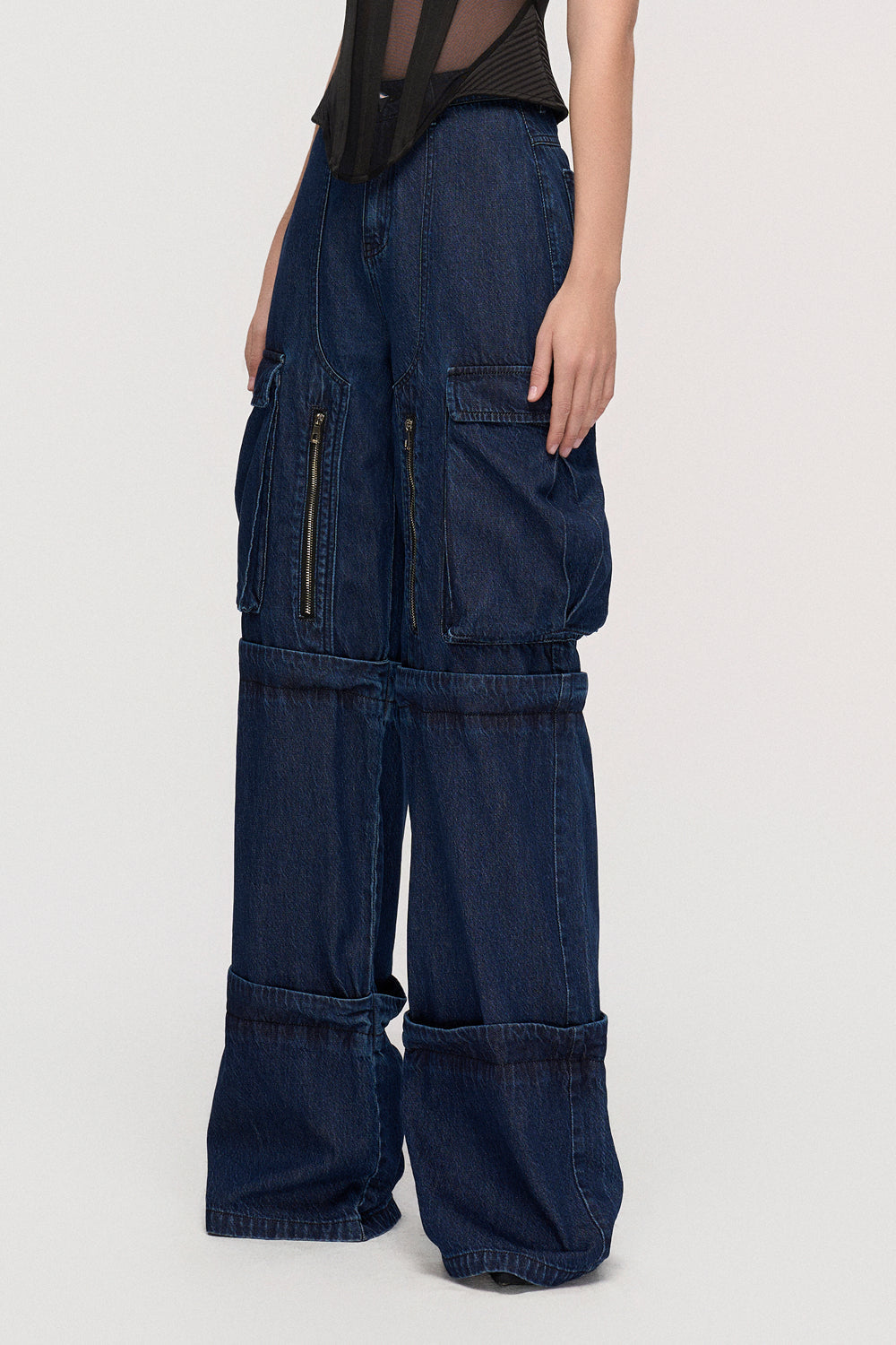Quần Jeans Nữ Ống Rộng Túi Hộp Khóa Kéo Giặt Enzyme