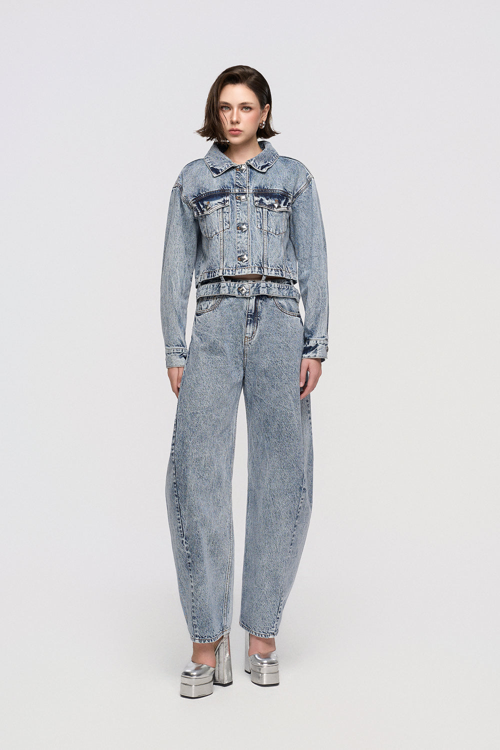Quần Jeans Nữ Ống Rộng Hiệu Ứng Giặt Mài