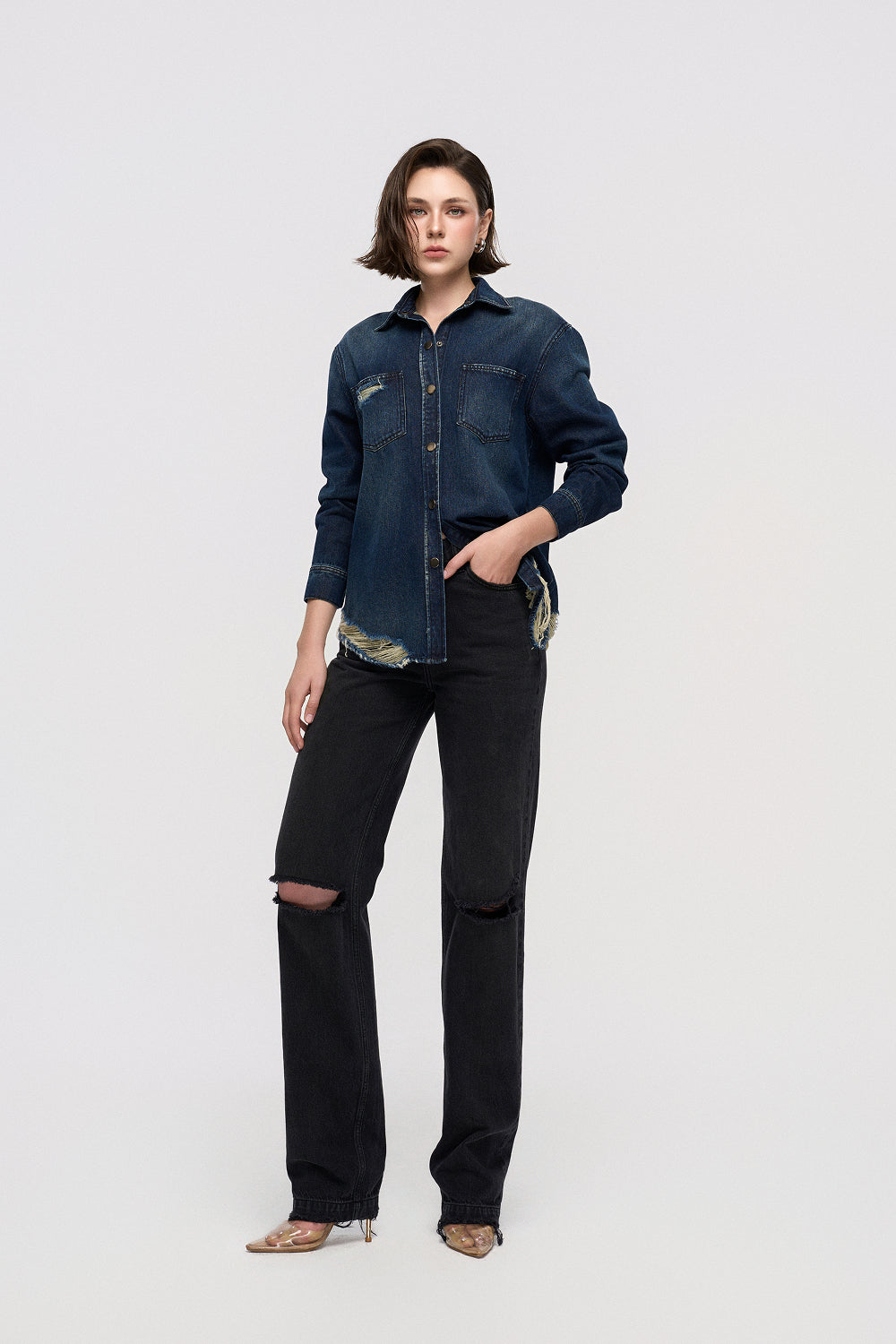 Áo Sơ Mi Denim Nữ Dáng Rộng Gấu Thô Giặt Enzyme