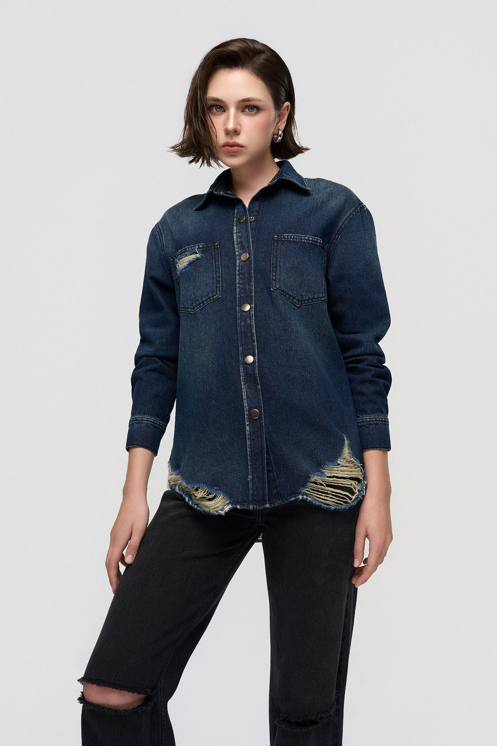 Áo Sơ Mi Denim Nữ Dáng Rộng Gấu Thô Giặt Enzyme