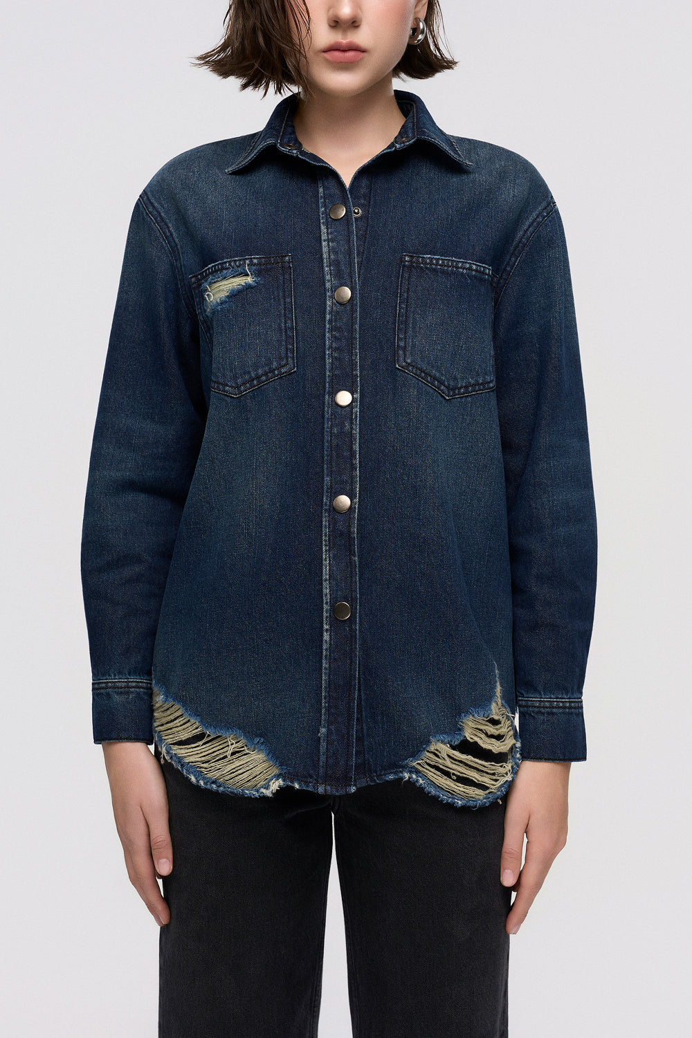 Áo Sơ Mi Denim Nữ Dáng Rộng Gấu Thô Giặt Enzyme