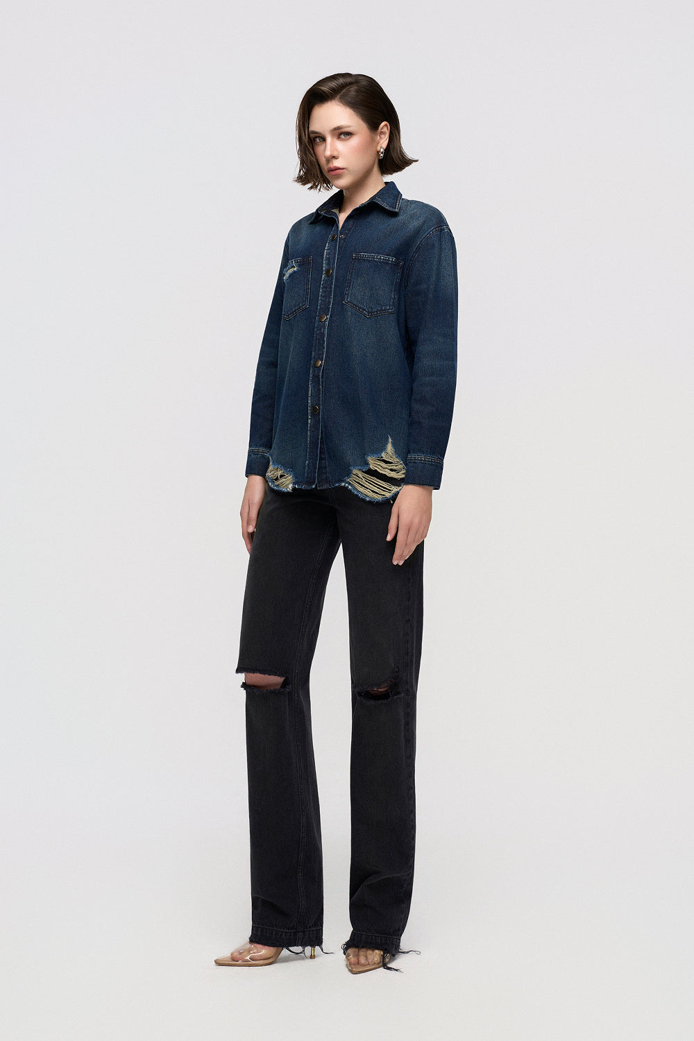 Áo Sơ Mi Denim Nữ Dáng Rộng Gấu Thô Giặt Enzyme