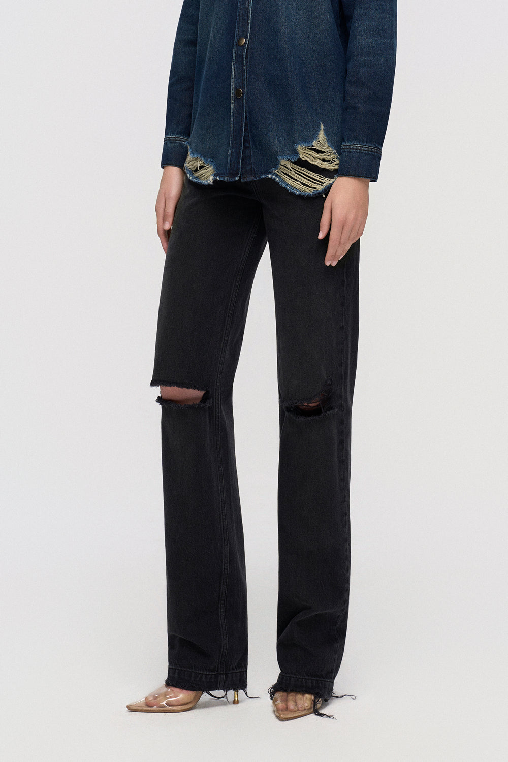 Quần Jeans Nữ Ống Đứng Cắt Gối Gấu Thô